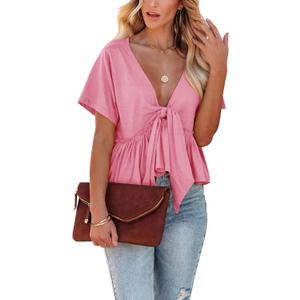 Fanway&EC Women's Short Sleeve V Neck Blouses Ruffle Hem Tie Front Crop Tops Lightweight Basic Summer Tops, XXL