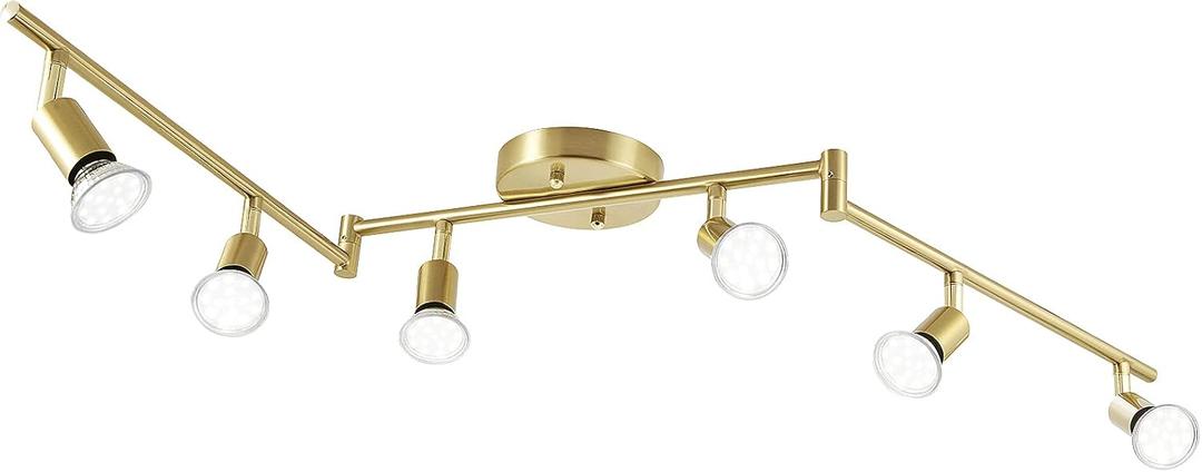 6-Light LED Track Lighting Kit, Flexibly Rotatable Light Heads, 6 Way Ceiling Spotlight Gold Finish, Including 6 GU10 LED Bulbs (4W 400LM Daylight White 5000K)