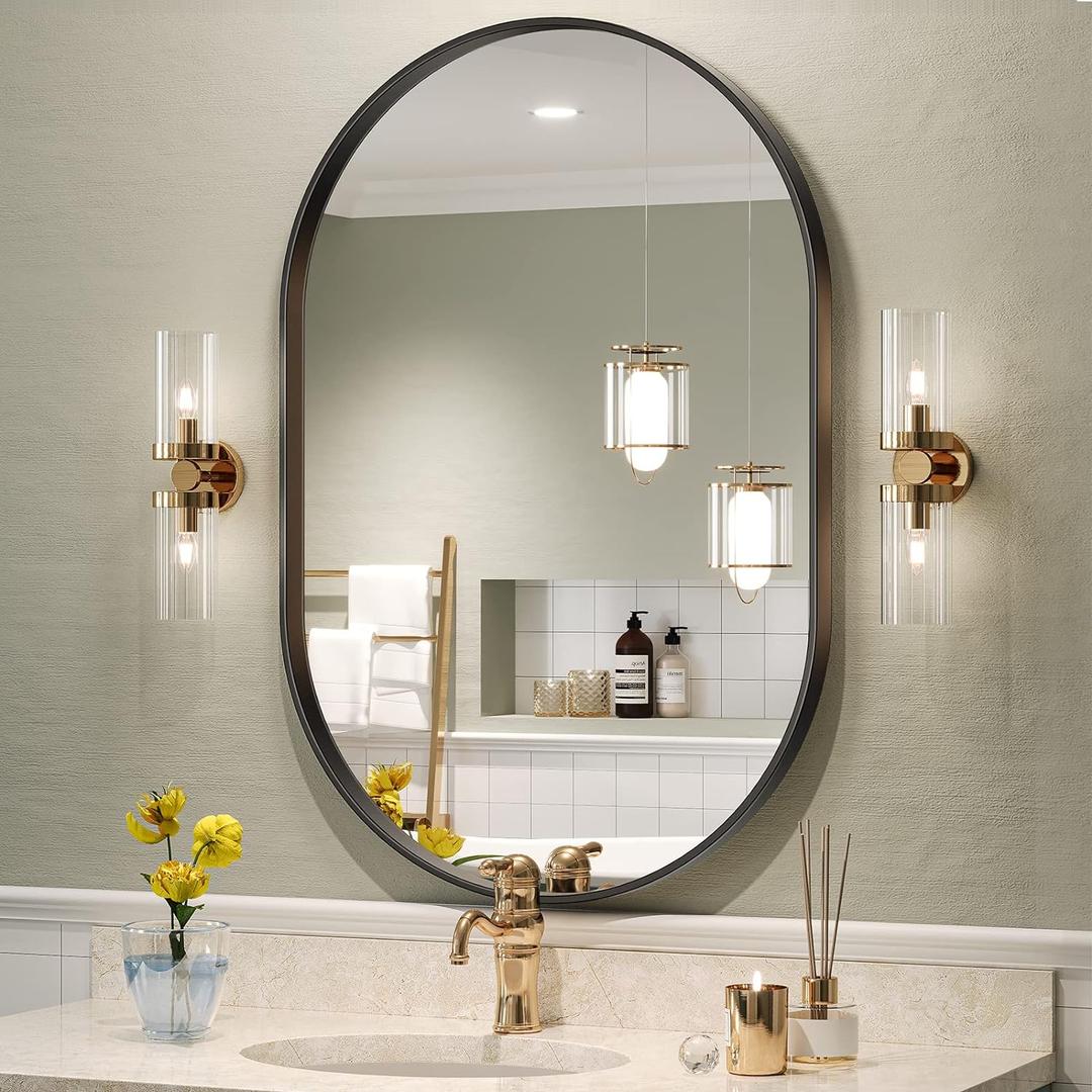 Brightify Black Oval Mirror for Bathroom Vanity 20x30 Inch, Matte Black Bathroom Mirrors for Wall Metal Frame, Wall Mounted Mirror for Bedroom Living Room Wall Decorative Hang Vertical and Horizontal
