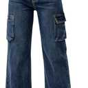 Women High Waisted Cargo Jean for Women with 6 Pockets Straight Wide Leg Jean Casual Baggy Pants (Dark Blue)