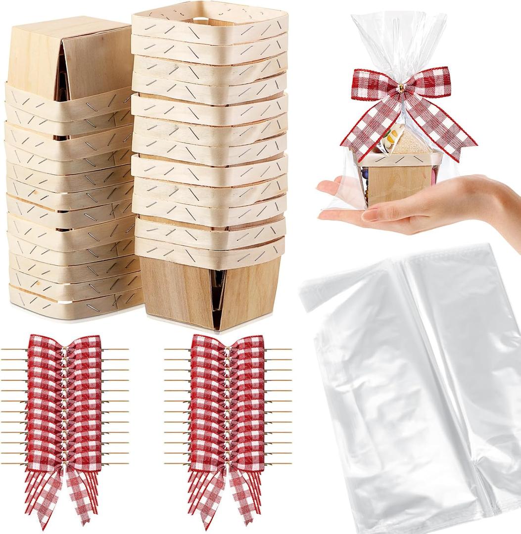 Kigley 24 Set Wooden Gift Baskets Empty Bulk Small Berry Basket with Cellophane Bags Bows Basket Kit for Easter Spring DIY Picking Fruit Birthday Wedding Bow Party(Red and White)