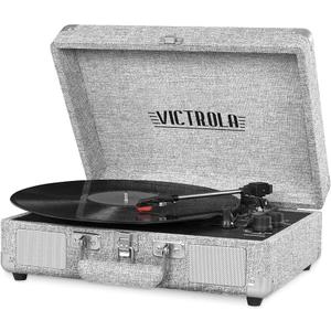 Victrola Journey Bluetooth Portable Suitcase Record Player with Built-in Speakers, 3 Speed Vinyl Record Player, RCA Out, Headphone Jack (Grey Rose Gold)