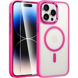 FNTCASE for iPhone 14 Pro Case: Strong Magnetic Phone Case with Screen Protector | Translucent Matte Slim Shockproof Protective Drop Protection Phone Cover (Hot Pink)