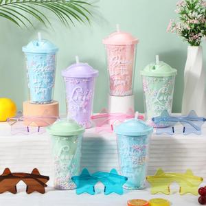 12 Pack 15oz Plastic Snowglobe Tumbler and Star Sunglasses Colorful Double Wall Plastic Cup with Straw Reusable Summer Cold Drink Travel Cup for Office Pool Party Gifts