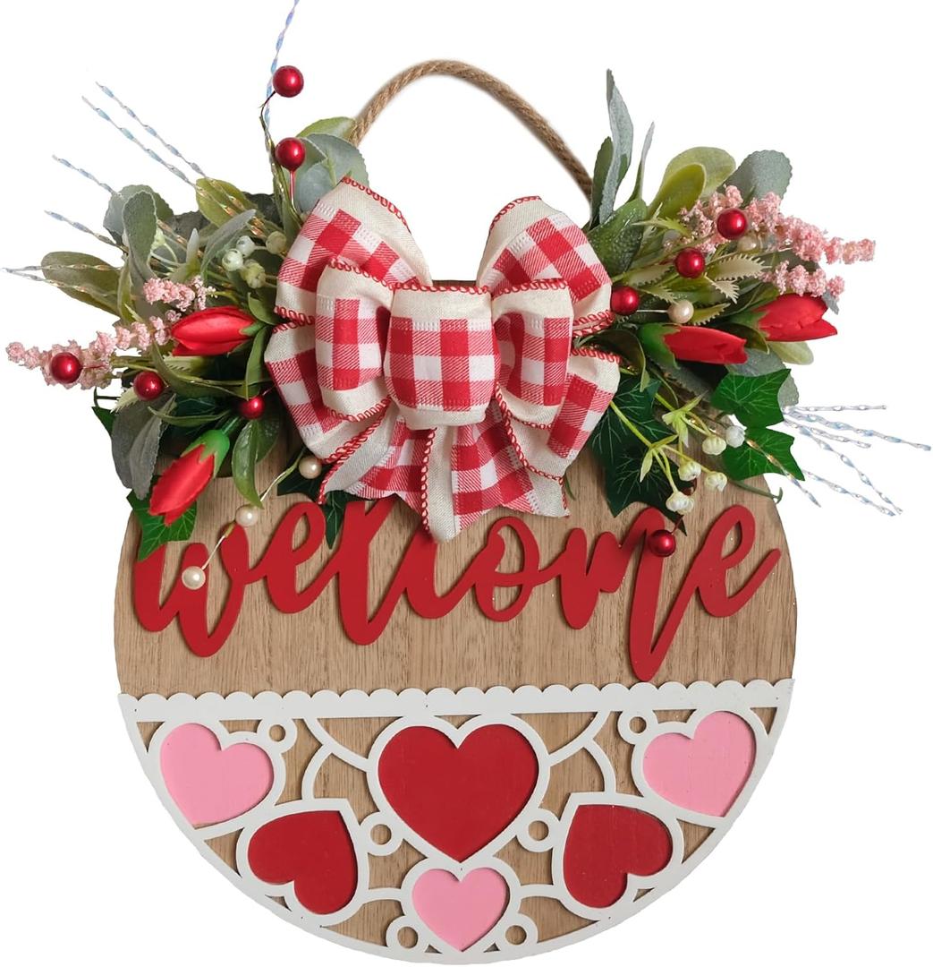 Bibelot 16 inch Valentine's Day Welcome Sign for Front Door Front Porch Decor, Romantic Wooden Board Welcome Signs with Flowers Leaves Bow for Indoor Outdoor Wedding Anniversary Party Decorations