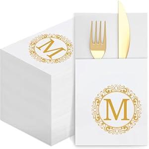 Monogram Disposable Napkins with Pocket, 50 Pack Gold Letter Guest Napkins Initial Disposable Hand Paper Towels for Wedding Bridal Shower Holiday Birthday Party Tableware Decor (M)