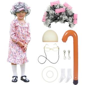 Old Lady Costume for Kids Girls 100th Day of School Costume Halloween Grandma Dress up Cosplay Accessories (3T, Pink)