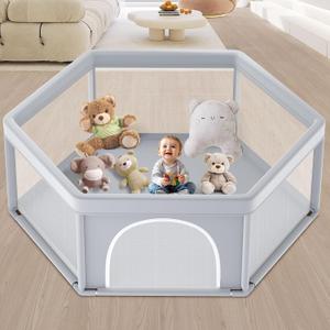6565 Inch Stylish Hexagonal Baby Playpen, Soft Play Pen for Babies and Toddlers, Safe Anti-Fall Baby Play Yards, Indoor & Outdoor Sturdy Safety Activity Center, Fence with Breathable Mesh (Grey)