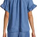 Womens Short Sleeve Ruffle Blouse V Neckline Ruffled Collar Shirt Casual Blue Top (Blue, L)