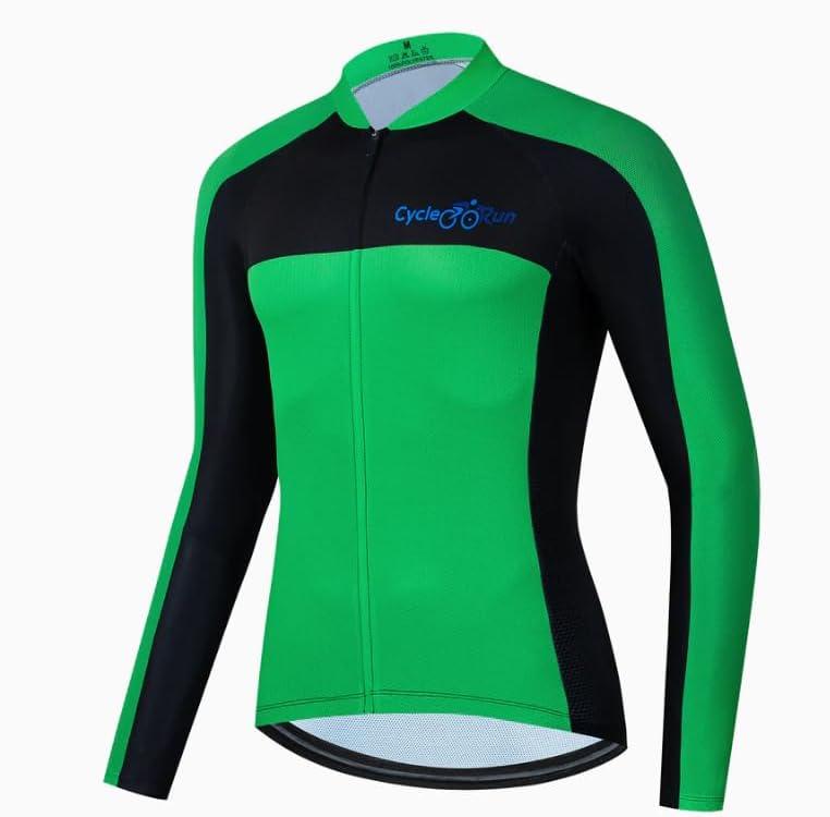 Cycle-Run Man Cycling Bike Jersey Long Sleeve with 3 Rear Pockets- Moisture Wicking, Breathable, Quick Dry Biking Shirt Black, (Green, XXXL)