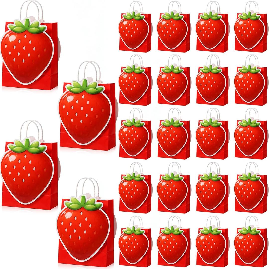 Resurhang 24 Set Strawberry Party Favors Bags with 48 Berry Card Stickers Cute Sweet Berry One Goodie Treat Gift Bags with Handles for Strawberry Birthday Baby Shower Party Decoration Supplies