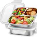RAOOKIF 2 Pack Stainless Steel Snack Containers with Lids, 3-Compartment Leak-Proof Food Storage Containers, 20 oz Reusable Grab-and-Go Bento Box for School, Home, Office, and Camping, Dishwasher-Safe