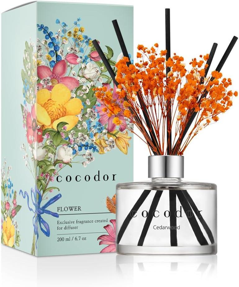 COCODOR Preserved Flower Reed Diffuser/Cedar Wood/6.7oz/1Pack / Home Fragrance Scent Essential Oil Stick Diffuser for Bedroom Bathroom Home Dcor