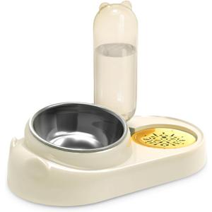Marchul Cat Bowl - Stainless Steel Tilted Food and Water Set With Gravity Water Bowl - Raised Dish for Cats and Small Dogs (Stainless Steel Double Bowls)
