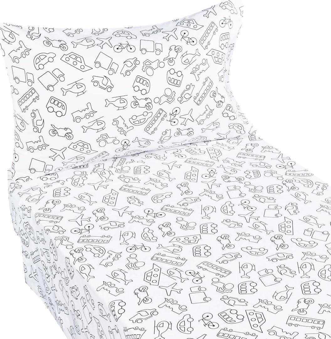 J-pinno Cars Ships Plane Motorcycle Truck 100% Cotton 3 Pieces Crib Toddler Boys Girls Sheet, Flat Sheet Fitted Sheet and Pillowcase, Cozy Breathable Unisex Crib Toddler Bedding Set (Transport) 45" X 60", fitted sheet: 28" X 52" + 8
