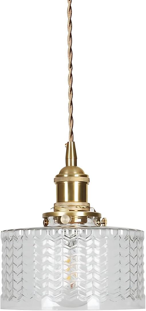 Vintage Pendant Light Fixtures, Brass Socket with ON/Off Switch and Green Glass Lamp Shade Pendant Light for Kitchen Island Farmhouse Living Room (Transparent, Scaly)