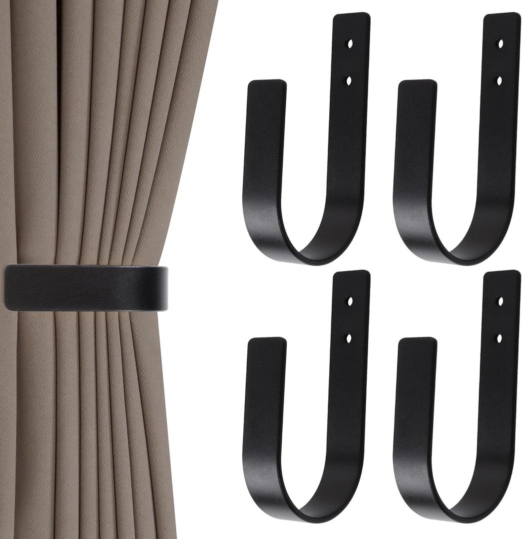 4 Pack Modern Curtain Holdbacks Solid Aluminum U Shaped Wall Mount Curtain Hooks Drapery Holdbacks Tie Backs for Curtain (4, Black)