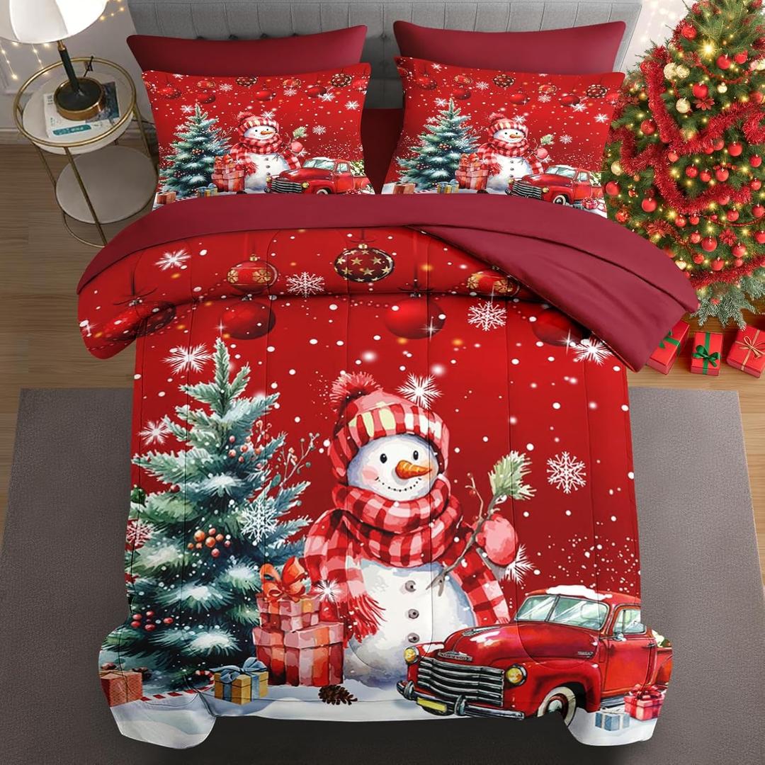 7 Pcs Queen Size Christmas Comforter Set with 2 Pillowcases & 2 Shams, Red Cute Snowman Bedding for Kids and Adults, Farmhouse Truck Snow Bed in a Bag with Flat Fitted Sheet