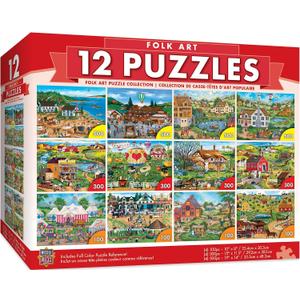 MasterPieces Jigsaw Puzzle 12-Pack Bundle Set, Fun for Adults and Family, Folk Art Collection, (4) Round 100 Piece, (4) 300 Piece, (4) 500 Pieces, Various