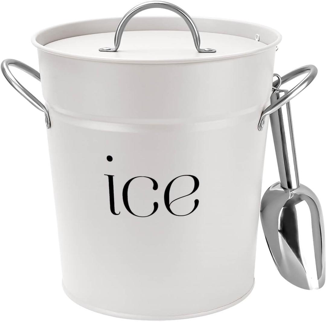 3Qt White Galvanized Ice Bucket with Lid, Scoop & Handles - Ideal for Cocktails, Parties, BBQs, Wine & Champagne. Double-Layer Insulated Outer & Galvanized Inner Layer, Perfect for Home & Outdoor Use