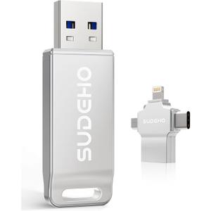 MFi Certified Photo Stick 128GB USB Flash Drive for iPhone, 4 in 1 External Memory Thumb Drive for Picture Video Saver and Backup, High Speed Memory Stick USB Drive for iPhone/iPad/Android/PC (Silver)