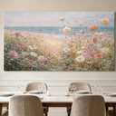 OKEXCKK Beach Vintage Flowers Large Canvas Wall Art, 3D Textured Landscape Wildflowers Painting, Coastal Nature Floral Picture Artwork Print for Bedroom Living Room Office Home Decor 24"x48"