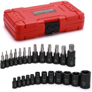 EMENTOL Torx Bit and E-Torx Socket Set, 25pcs, 1/4 & 3/8 & 1/2-inch Drive, Star Bits T8-T60, E Sockets E4-E22, CR-V & S2 Steel
