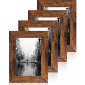 iRahmen 4x6 Picture Frame Set of 4, High Definition Glass 4 x 6 Frame, Wood Rustic Photo Frames for Horizontal or Vertical Display Tabletop and Wall Mounting (Dark Brown)