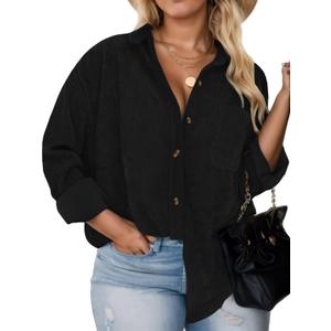Plus Size Shackets for Women Fashion Fall Outfits Corduroy Shirts with Pockets Casual Long Sleeve Button Down Blouse Tops (X-Large Plus, Black)