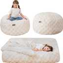 MAXYOYO Kids Bean Bag Chair Bed, Convertible Children Bean Chair to Floor Mattress with Filler, Bean Bag Bed Stuffed Child Sofa Couch for Girl Boy Sleeping, Machine Washable Cover, Plaid Beige