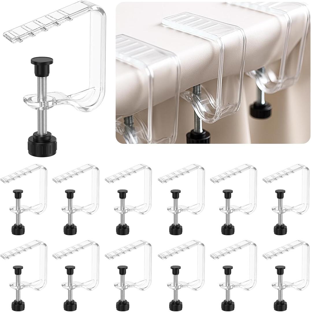 12 Pieces Adjustable Tablecloth Clips Clear, Suitable for Tables 0.4 to 1.96 Inch Thick. Strong and Stable Grip to Prevent Tablecloth Slippage. Damage-Free Table Cloth Holder Clips, Easy to Install.