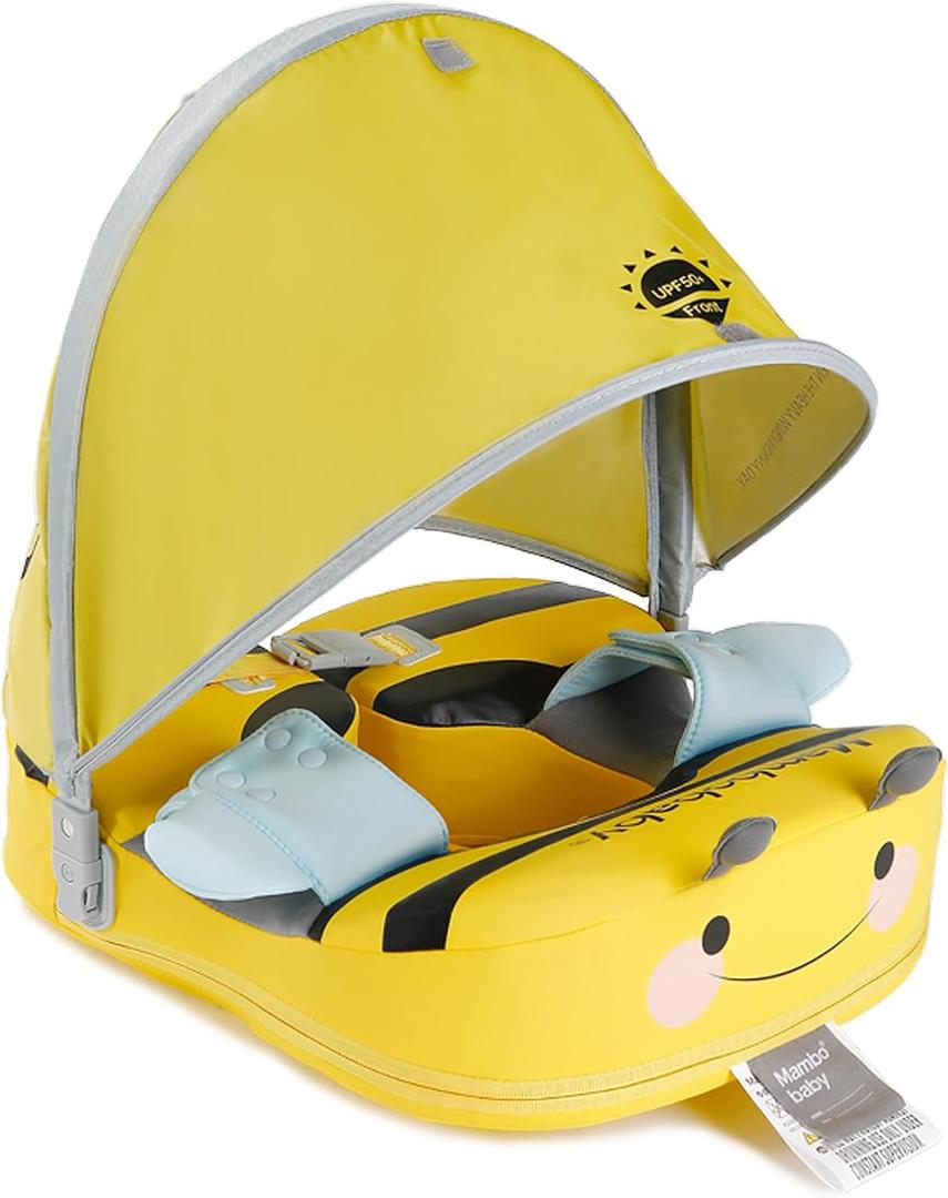 Baby Float with Crotch Strap & Inflation-Free Solid Core Mambobaby Kid Swimming Ring Have Sunshade M6-36 Months Old Swim Pool Tube L with Canopy2-7Yeas
