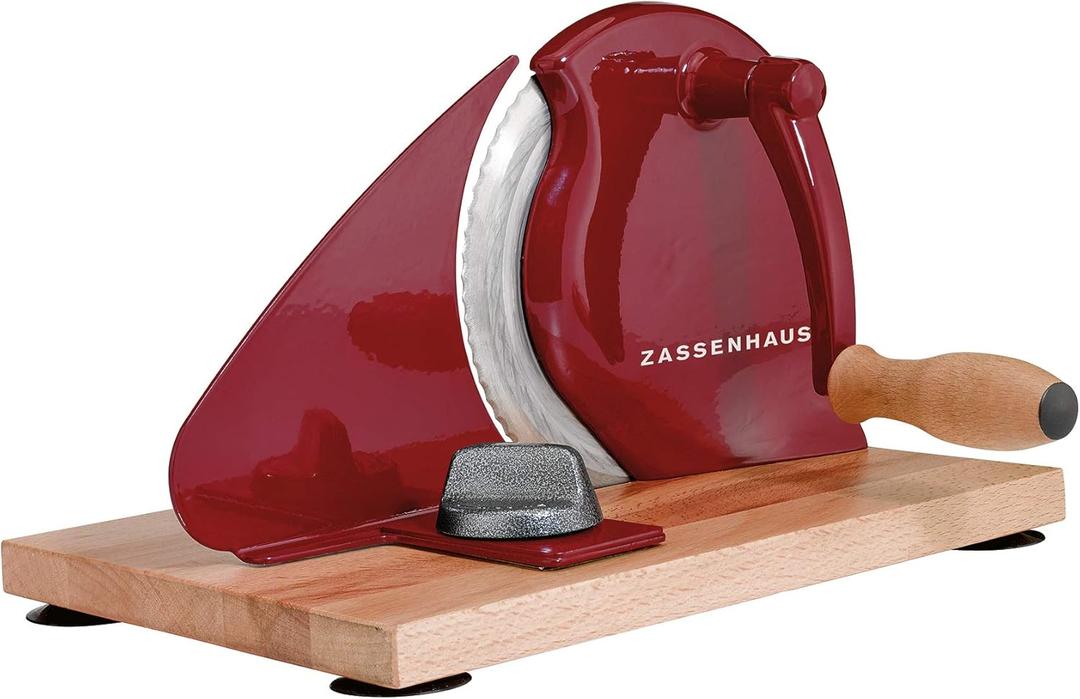 Zassenhaus Manual Bread Slicer, Classic Hand Crank Home Bread Slicer (Red) (11.75-Inch by 8-Inch)