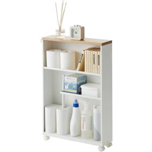 YAMAZAKI Home Slim Rolling Storage Cart Narrow Bathroom Storage Cabinet with Handle, Slim Bathroom Storage Cart with Wheels, Easy Assembly, Steel + Wood, White, 27" - Steel -, One Size