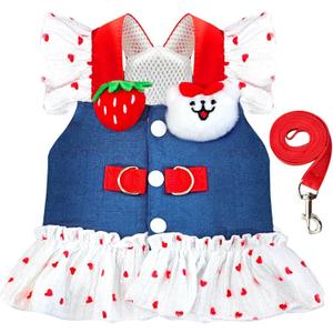 Small Dog Harness and Leash Set Denim Cat Harness Dress for Puppy Clothes for Girls Pink Dog Birthday Dress French Bulldog Harness with Strawberry Bear Decoration, Small