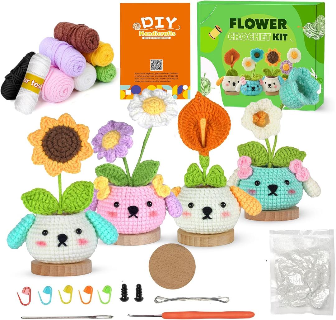 SERENI Crochet Kit for Beginners, Crochet Kit for Adults, 4PCS Flower Crochet Starter Kit with Step-by-Step Video Tutorials, Fun & Relaxing Craft Kit with Hooks & Tools (40%+ Yarn)