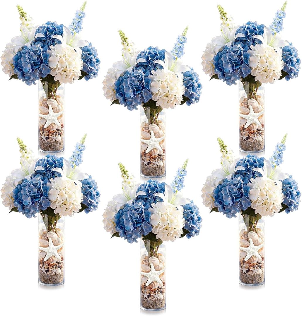 Yinder 6 Set Blue Wedding Flower Table Centerpieces Artificial Hydrangea Flowers Coastal Seashell Starfish Vase Table Decorations Blue White Floral Arrangement for Baby Shower Wedding Party Decor