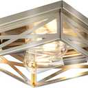 Farmhouse 2-Light Semi Flush Mount Ceiling Light Fixture, Modern Metal Cage Brushed Nickel Square Close to Ceiling Lamp, E26 Base Chandelier Ceiling Mount, Pendant Lighting for Hallway