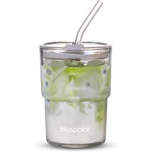 BLUEPOLAR 13oz/400ml Glass Water Tumbler with Straw and Lid Sealed Carry On Thick Wall Iced Coffee Cup Glass Cup for Water, Iced Tea Fruit Juice Etc(Aurora White