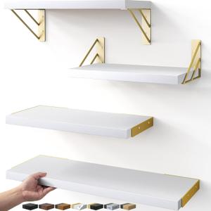 BAYKA Wall Shelves for Bedroom Decor, Floating Wall Shelves for Living Room Kitchen Storage, Wall Mounted Rustic Wood Shelves for Kids Books, Corner Shelf for Bathroom(White and GoldSet of 4)