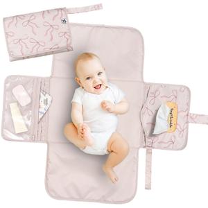 Tiny Twinkle Portable Diaper Changing Pad | Waterproof, Wipeable & Compact Baby Changing Pad for Travel | Smart Wipes Pocket & Organized Storage| Newborn Shower Gift (Bows)