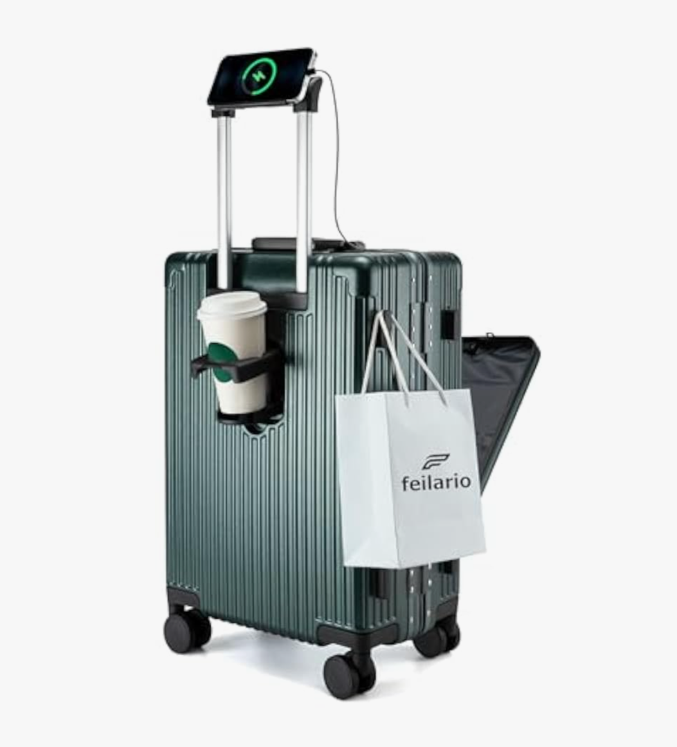 feilario 20in Aluminium Frame PC Hard Shell Spinner Wheels Luggage, Built-In TSA lock Carry on Suitcase, with Cup Holder, USB Port, Phone Holder