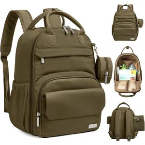 KeaBabies Diaper Bag Backpack - Multifunctional Travel Diaper Back Packs, Maternity Baby Changing Bags, Compact 18L Capacity, PU Leather, Waterproof, Unisex, Nappy Changing Pad (Dark Olive)