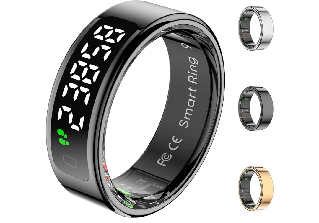 Smart Rings for Men with Display Screen, Fitness Ring with Wireless Charging, Sleep Tracker Ring with Heart Rate, Health Rings for Activity Monitoring/Steps/Calories, for iOS Android (Black,12#)