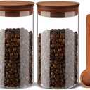 BOILMERIT 37 oz Coffee Canister with Scoop and Wooden Lids, Airtight Storage Container Sets of 2 for Ground Coffee & Beans, Glass Jars for Coffee Bar Organizer, Kitchen Countertop