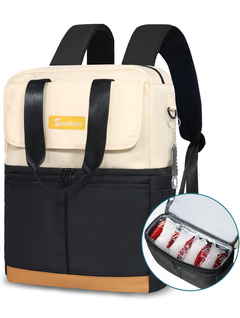 Backpack Cooler with Double Decker & 12 Ice Packs- Keeps 36 Cans Cold for Up to 24 Hours- Waterproof & Leak Proof Insulated Cooler Backpack- Stylish Cooler Bookbag for Women Travel Work Beach