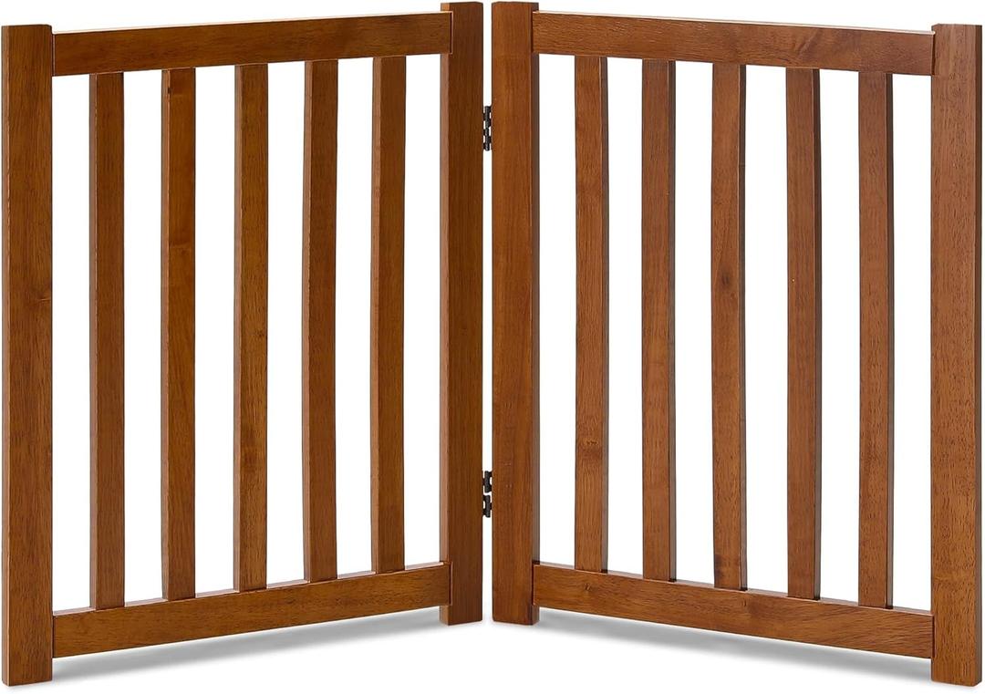 LZRS 2-Panel Wooden Free Standing Foldable Dog Gate Indoor Solid Hardwood 24" High, Step-Over Safety Pet Gate for Doorways, Stairs & Small Spaces - Indoor Use, Brown Oak
