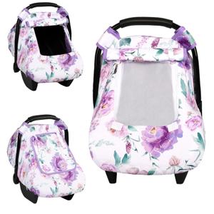 Car Seat Cover Baby, HNHUAMING Infant Car Seat Covers Canopy for Baby Girl Boy, Cozy & Windproof Newborn Carseat Covers Minky Dot Backing Stroller Cover with Breathable Mesh Window, Purple Flower
