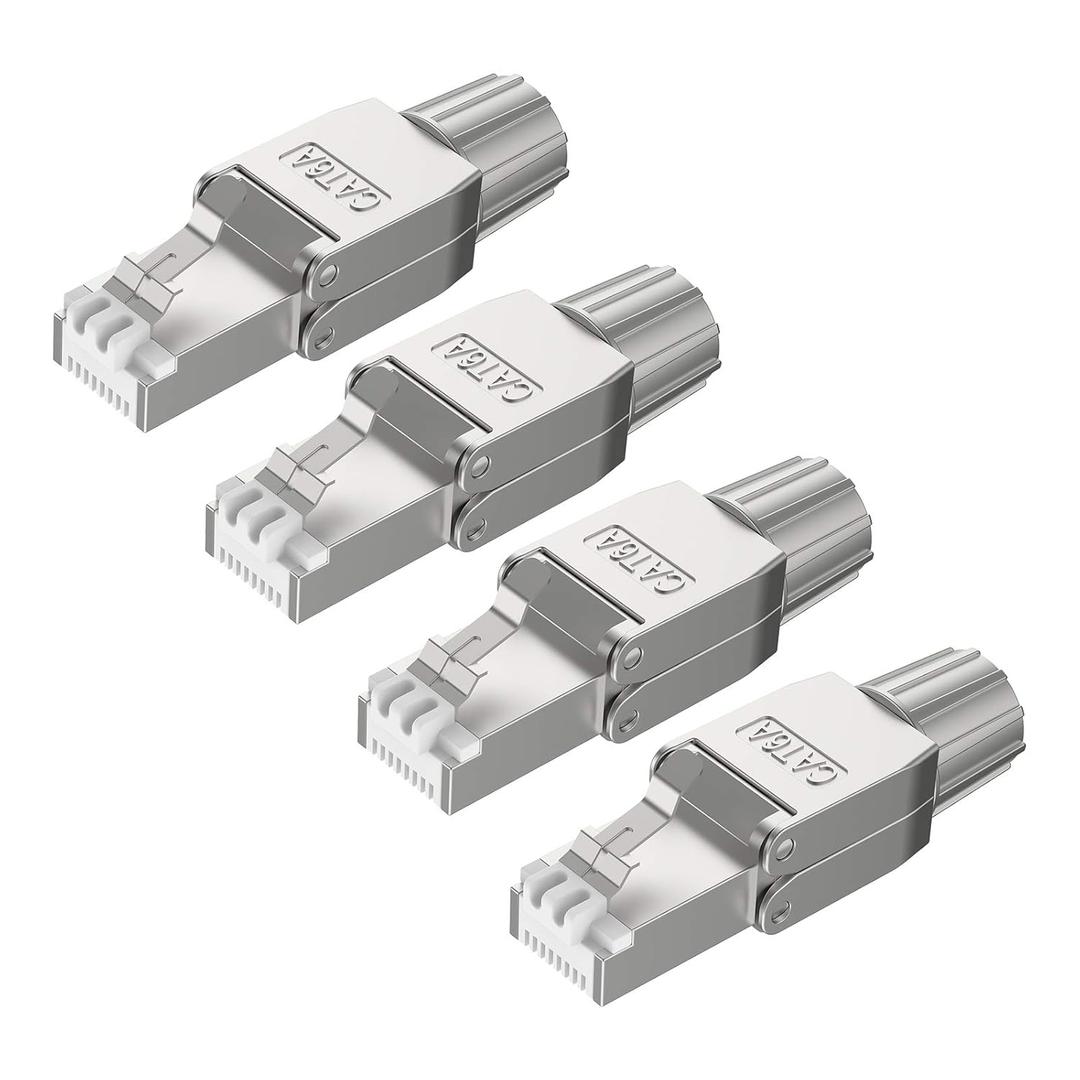 VCELINK RJ45 Cat6A Connectors Tool-Free Reusable Shielded Ethernet Termination Plugs for 23AWG SFTP UTP Cable, 10G Easy Internet Plug, Fast Field Installation 4 Pack