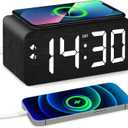 Wood Digital Alarm Clock with 10W Fast Wireless Charger, USB Charging Ports, DST, Dimmable, Snooze, Large Number LED Display for Bedrooms, Desk, Living Room Table, Bedside, Nightstand (Black)